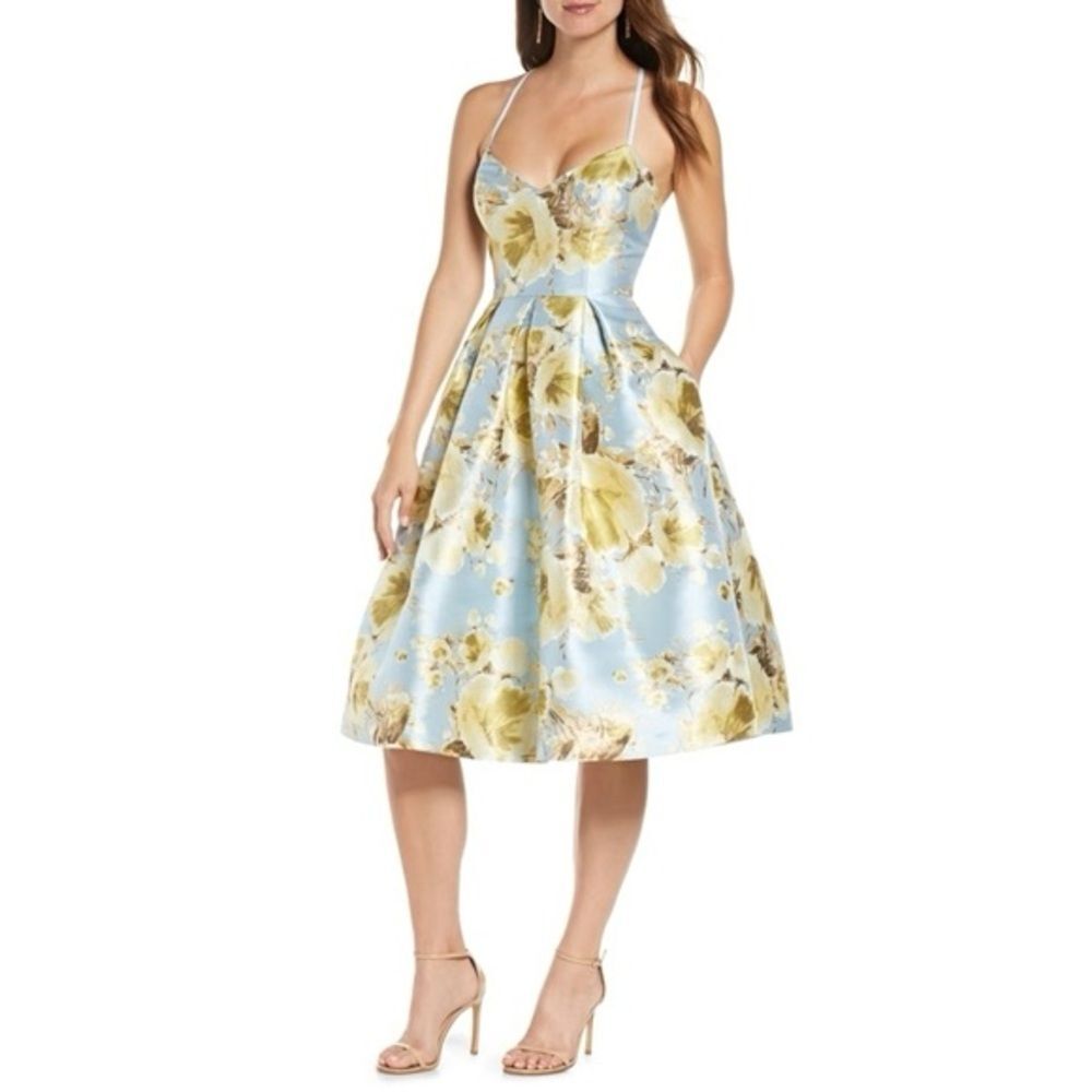 Eliza J Jacquard Brocade Floral Midi Flare Dress with Crisscross Straps